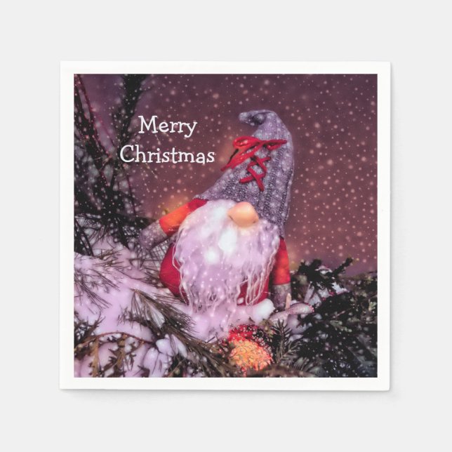 Cute Merry Christmas Gnome Holiday Tree Napkins (Front)