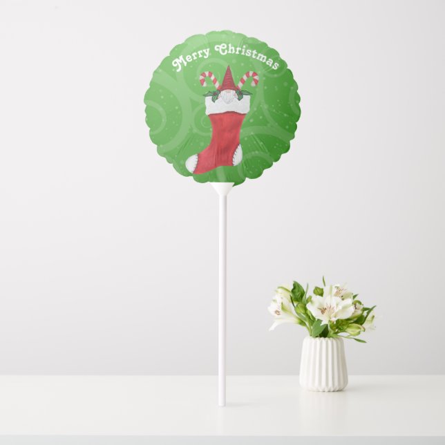 Cute Merry Christmas Gnome Red Stocking Green Balloon (In SItu)
