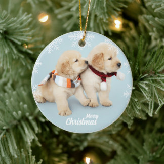Cute Merry Christmas golden retriever puppies Ceramic Ornament
