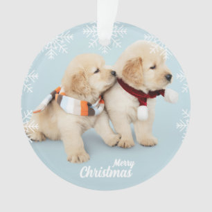 Cute Merry Christmas golden retriever puppies Orna Ornament
