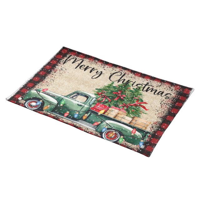  Cute Merry Christmas/Green Truck/Farm Cloth Placemat (On Table)