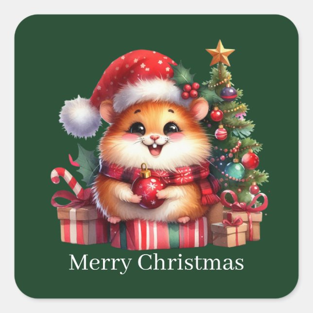 Cute Merry Christmas hamster customizable  Square Sticker (Front)
