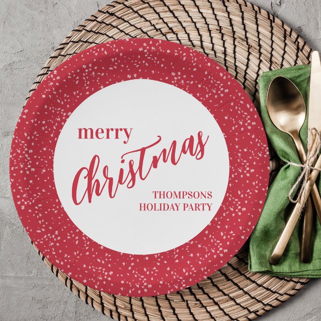 Cute Merry Christmas Holiday Red White Festive Paper Plates (Simple Merry Christmas cute red and white calligraphy script paper plate)