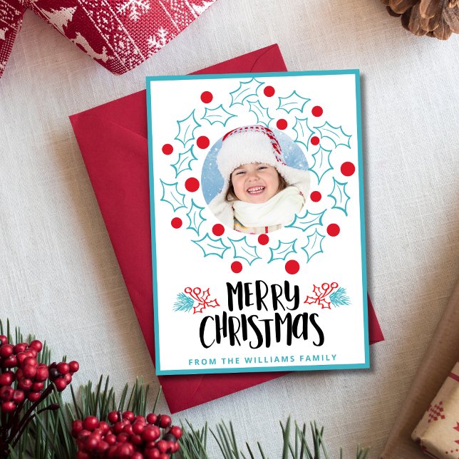 Cute Merry Christmas Holly Red Berries Photo Holiday Card (Creator Uploaded)
