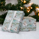 Cute merry Christmas illustration name 2 photos Wrapping Paper<br><div class="desc">Cute merry Christmas illustration name 2 photos with cute green pine tree,  red holly berries,  snowflake,  christmas ball ornament with your photos,  add your names and season's greetings! On editable dusty ice blue.</div>