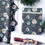 Cute merry Christmas illustration name 2 photos Wrapping Paper<br><div class="desc">Cute merry Christmas illustration name 2 photos with cute green pine tree,  red holly berries,  snowflake,  christmas ball ornament with your photos,  add your names and season's greetings! On editable navy blue.</div>