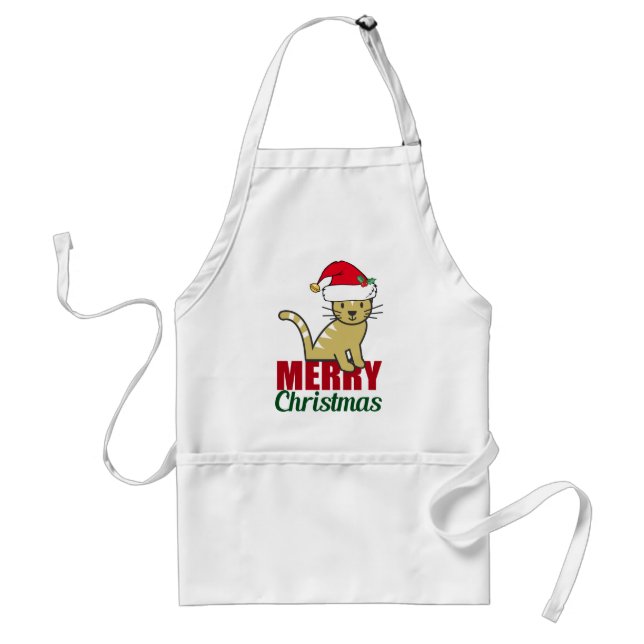 Cute Merry Christmas Kitty Cat Adult Apron (Front)