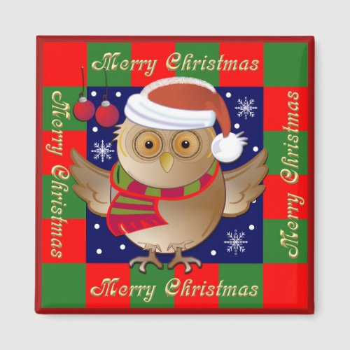 Cute Merry Christmas Magnet with Santa Owl