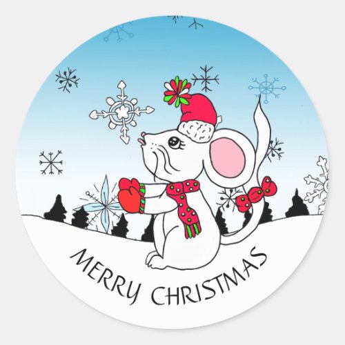 Cute Merry Christmas Mouse Snowflakes Classic Round Sticker