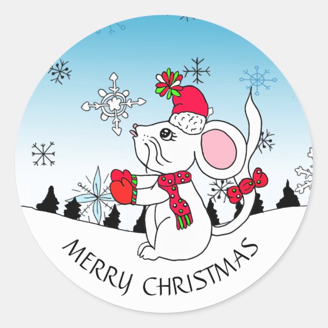 Cute Merry Christmas Mouse Snowflakes Classic Round Sticker (Front)