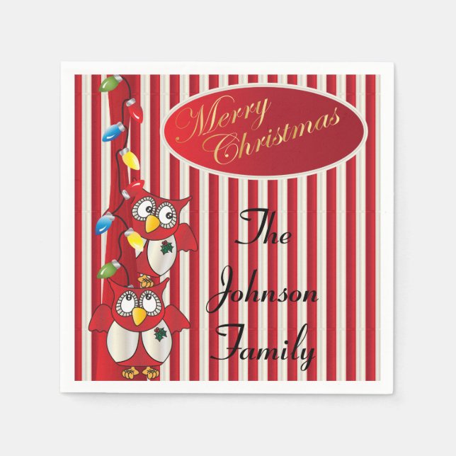 Cute Merry Christmas Owls Paper Napkins (Front)