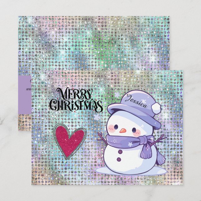Cute Merry Christmas Pastel Snowman Glitter Heart  Postcard (Front/Back)