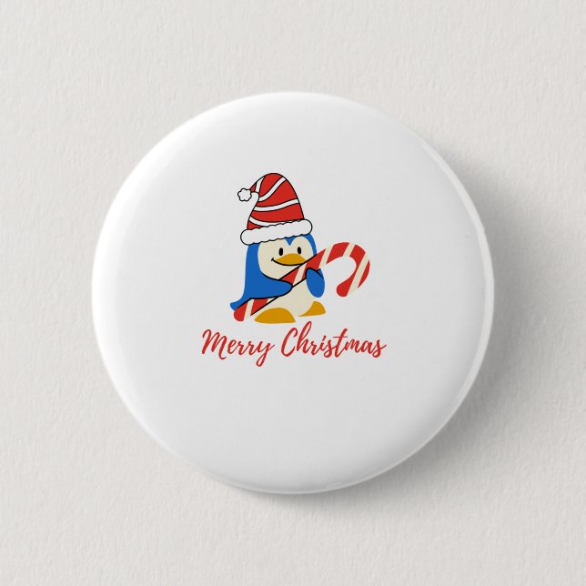 Cute Merry Christmas Penguin Candy Cane Button (Front)