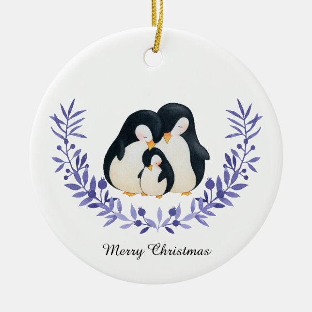 Cute Merry Christmas Penguin Family Ceramic Ornament (Front)
