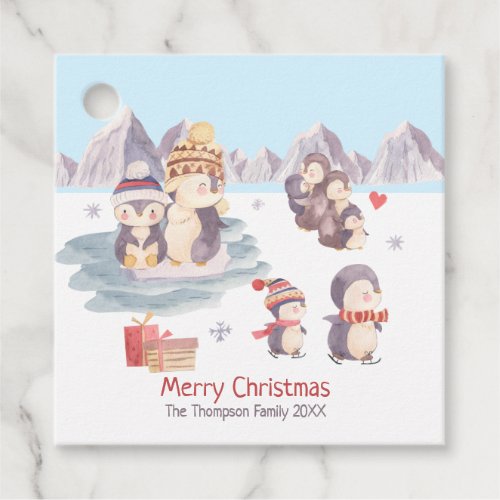 Cute Merry Christmas Penguin Family Playing Snow Favor Tags