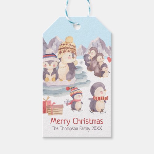 Cute Merry Christmas Penguin Family Playing Snow Gift Tags