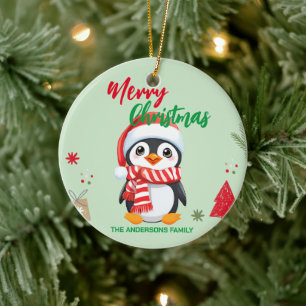 Cute merry Christmas penguin Santa Scarf holiday Ceramic Ornament