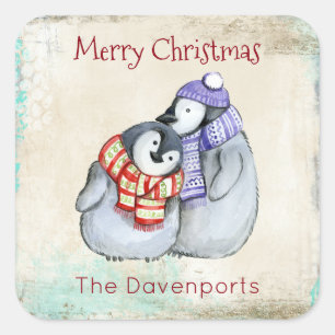 Cute Merry Christmas Penguins Square Sticker
