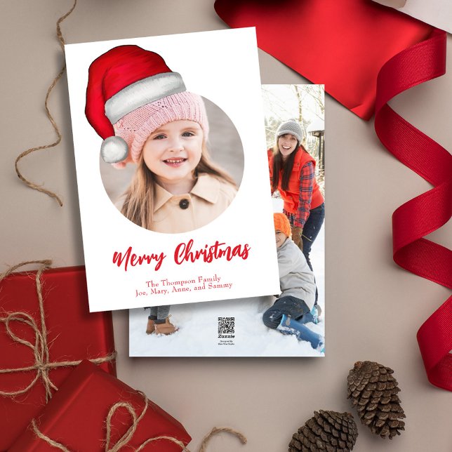 Cute Merry Christmas Photo Santa Hat Holiday Card (Merry Christmas cute whimsical photo greeting card with a double photo template. )