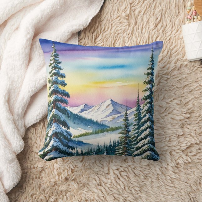 Cute Merry Christmas pine trees Rainbow Holiday Throw Pillow (Blanket)