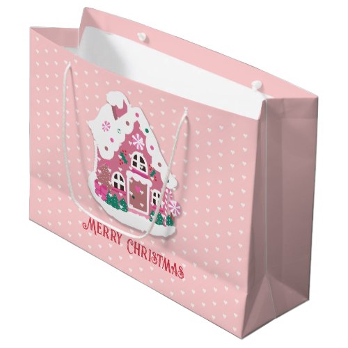Cute Merry Christmas Pink Snowy Gingerbread House Large Gift Bag