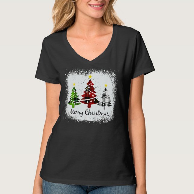 Cute Merry Christmas Plaid Trees Xmas Family Match T-Shirt (Front)