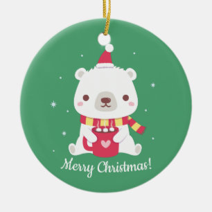 Cute Merry Christmas Polar Bear Ceramic Ornament