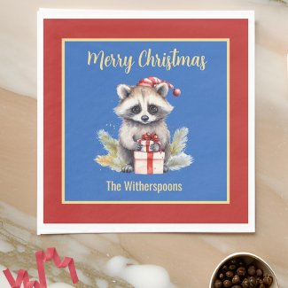 Cute Merry Christmas Raccoon w Santa Hat Wildlife