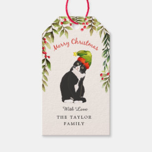 Cute Merry Christmas Red Berries Black Cat Lovers Gift Tags