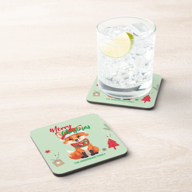 Cute merry Christmas red fox Santa Scarf holiday Beverage Coaster (Right Side)
