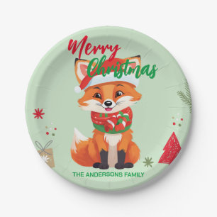 Cute merry Christmas red fox Santa Scarf holiday Paper Plates