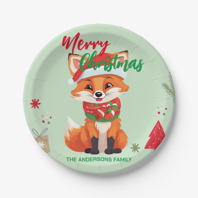 Cute merry Christmas red fox Santa Scarf holiday Paper Plates (Front)