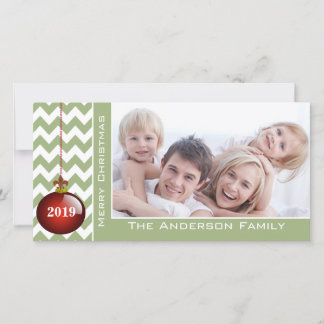 Cute Merry Christmas Red Ornament Chevron Pattern Holiday Card