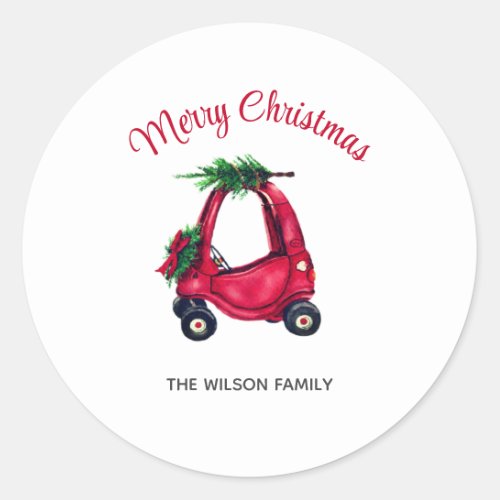 Cute Merry Christmas Red Truck Cart Watercolor Classic Round Sticker