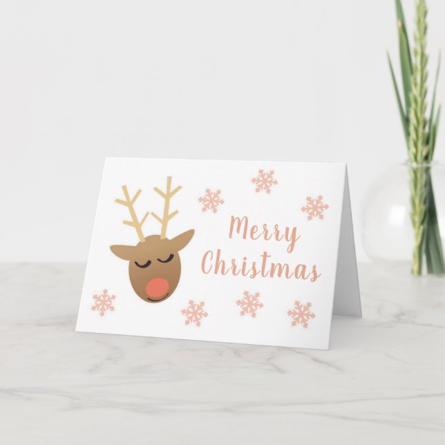 Cute Merry Christmas Reindeer Pink Gold Card (Front)