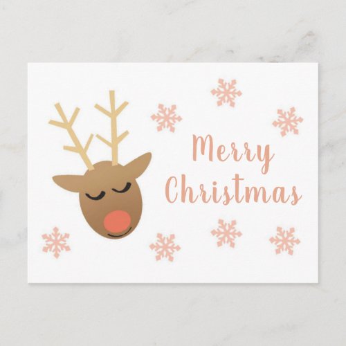 Cute Merry Christmas Reindeer Pink Gold Postcard