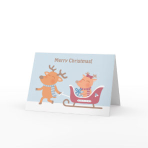 Cute Merry Christmas Reindeer Sleigh Greeting Card