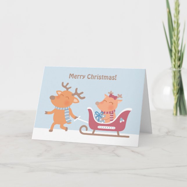 Cute Merry Christmas Reindeer Sleigh Greeting Card (Front)