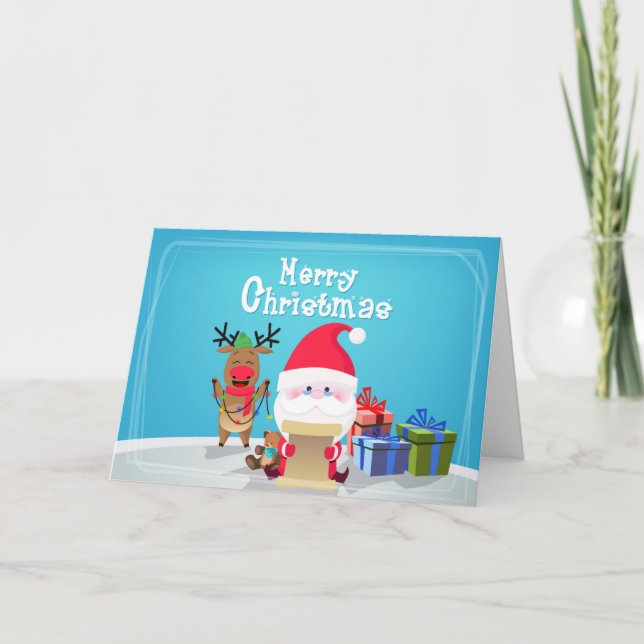Cute Merry Christmas Santa Reindeer Personalized Holiday Card (Front)