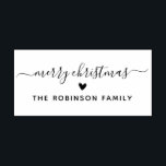 Cute Merry Christmas Script Heart Family Name Rubber Stamp<br><div class="desc">Modern Cute Merry Christmas Script Holiday Family Name Rubber Stamp. Features a „Merry Christmas” script in a hand lettered calligraphy swash tail font type,  a love heart symbol and family name.</div>