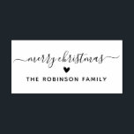 Cute Merry Christmas Script Heart Family Name Rubber Stamp<br><div class="desc">Modern Cute Merry Christmas Script Holiday Family Name Rubber Stamp. Features a „Merry Christmas” script in a hand lettered calligraphy swash tail font type,  a love heart symbol and family name.</div>
