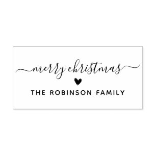 Cute Merry Christmas Script Heart Family Name Rubber Stamp
