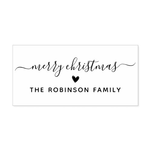 Cute Merry Christmas Script Heart Family Name Rubber Stamp