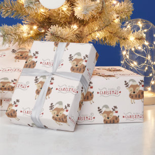 Cute Merry Christmas Script Reindeer Wrapping Paper