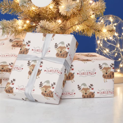 Cute Merry Christmas Script Reindeer  Wrapping Paper