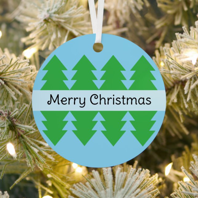 Cute Merry Christmas Simple Tree Design Blue Metal Ornament (Insitu)