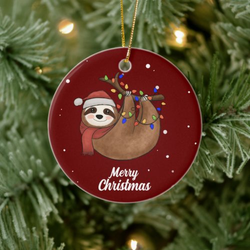 Cute Merry Christmas Sloth  Ceramic Ornament