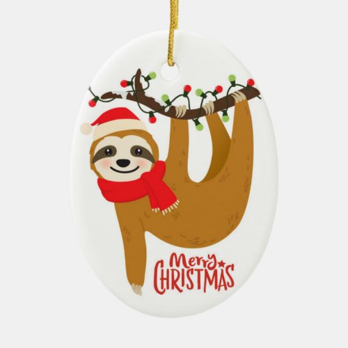 Cute Merry Christmas Sloth Ceramic Ornament