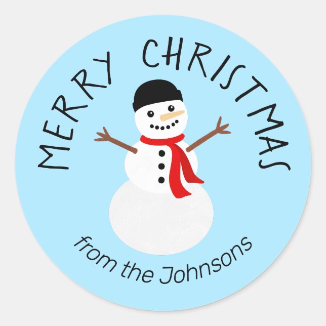 Cute Merry Christmas Snowman Holiday Classic Round Sticker (Front)