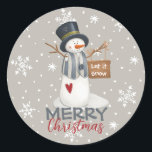 Cute Merry Christmas Snowman Let It Snow Classic Round Sticker<br><div class="desc">This cute holiday sticker features snowman holding sign saying "Let it Snow". Perfect for this Christmas season.</div>